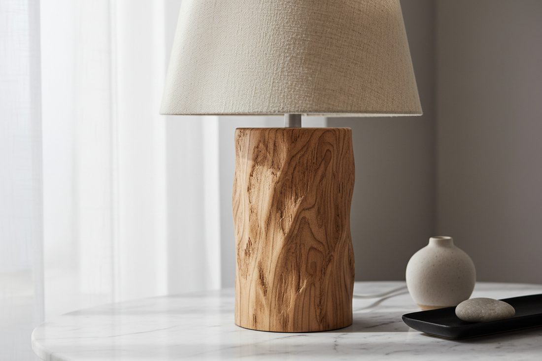 Close-up of a cordless table lamp showing rubberwood base and linen-mix shade, highlighting material texture in soft natural light
