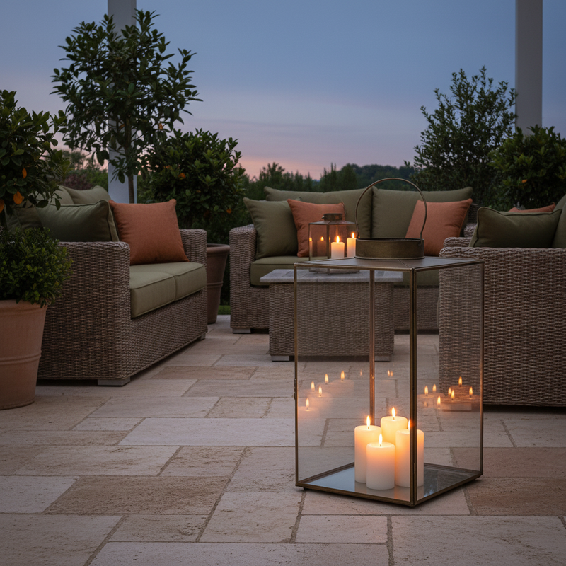 Decorative candle holder on terrace with candles