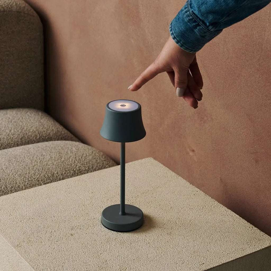 De Pijp mouse grey rechargeable lamp on bedside table
