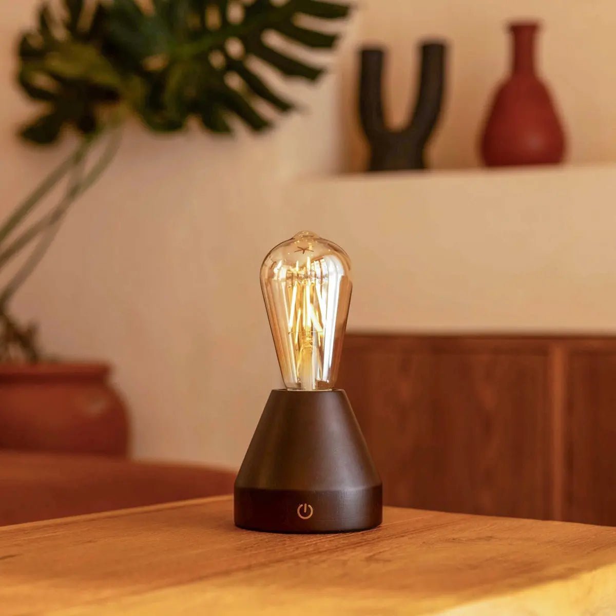 Cavira dark wood glass rechargeable cordless table lamp
