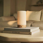Luna wood porcelain lamp in living room bedside setting