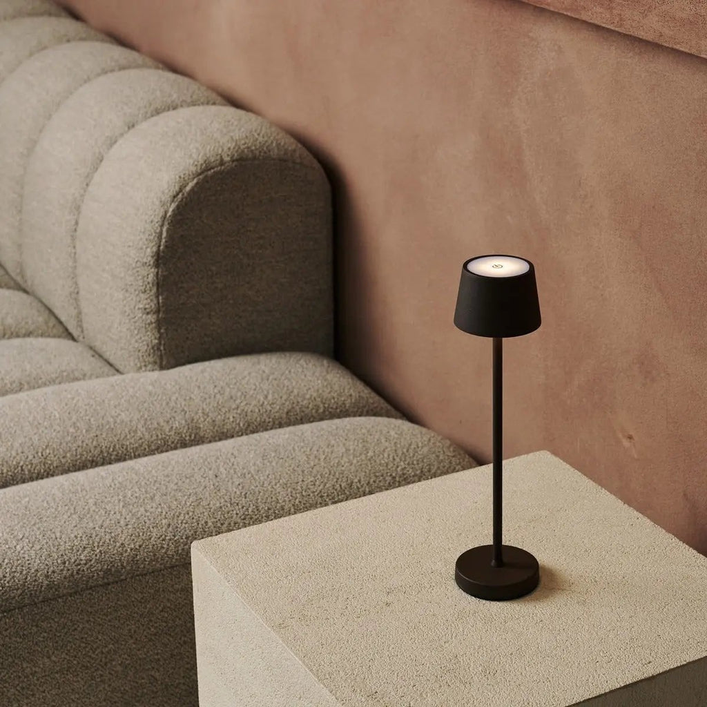 Vondel mocha brown metal lamp on hotel console table