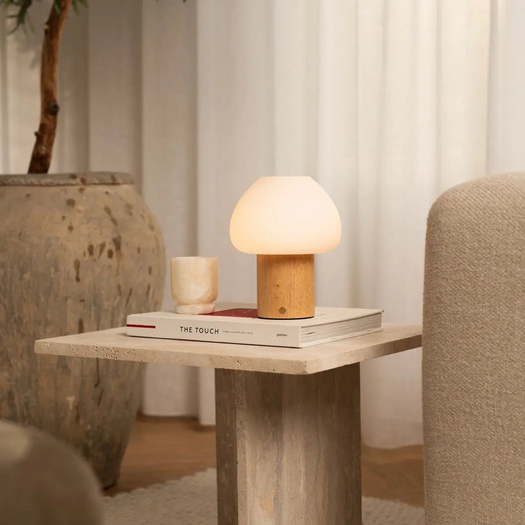 Fynn glass wooden lamp on outdoor covered terrace