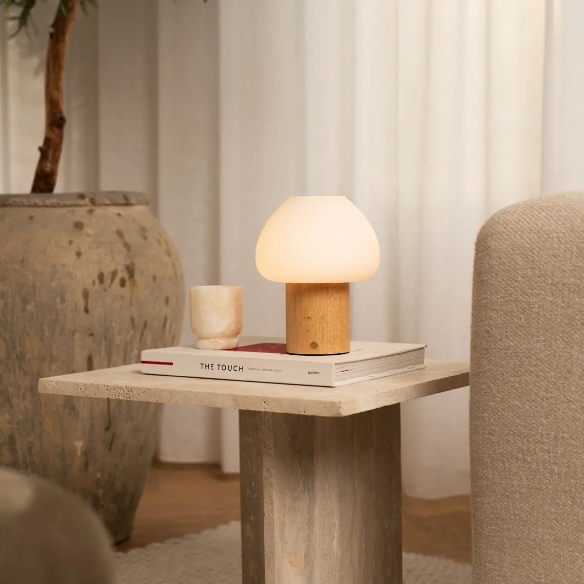 Fynn glass wooden lamp on outdoor covered terrace