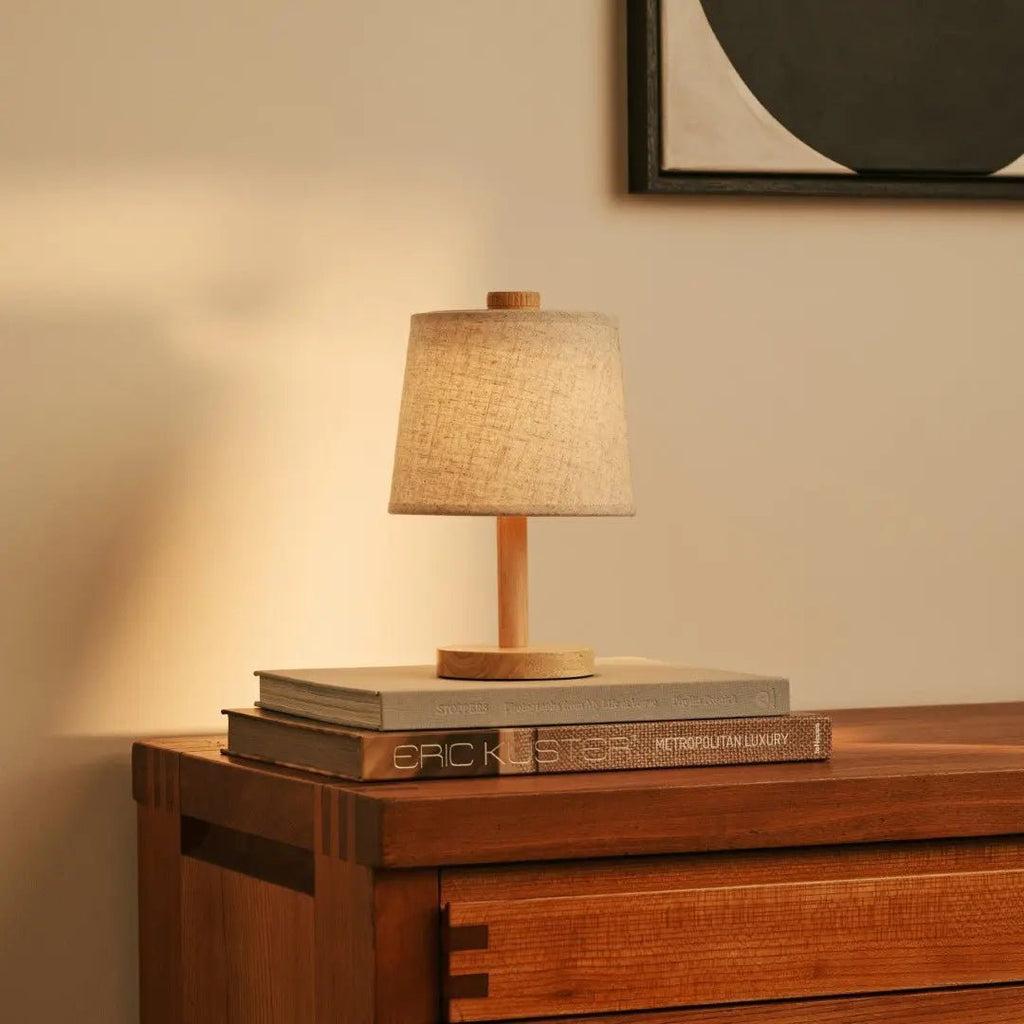 Rover linen wooden lamp on outdoor covered terrace