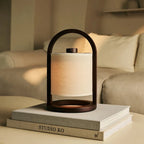 River cordless lamp side view showing rubberwood base and linen shade