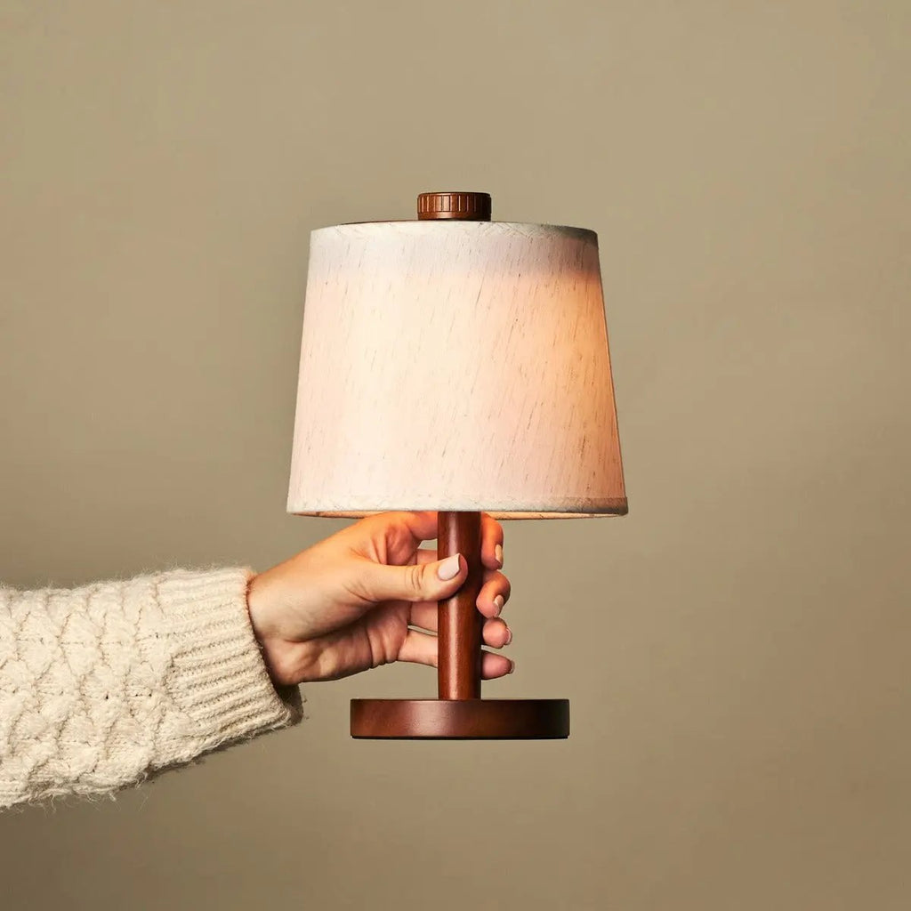 Rover Chestnut Brown Rubberwood Cordless Table Lamp with Linen Shade