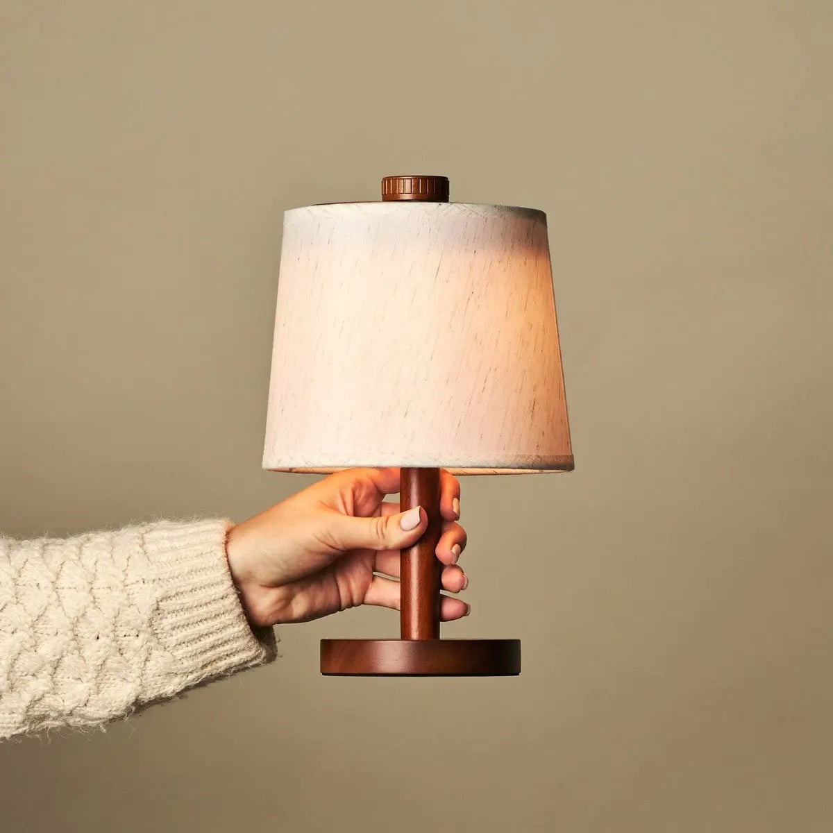 Rover Chestnut Brown Rubberwood Cordless Table Lamp with Linen Shade