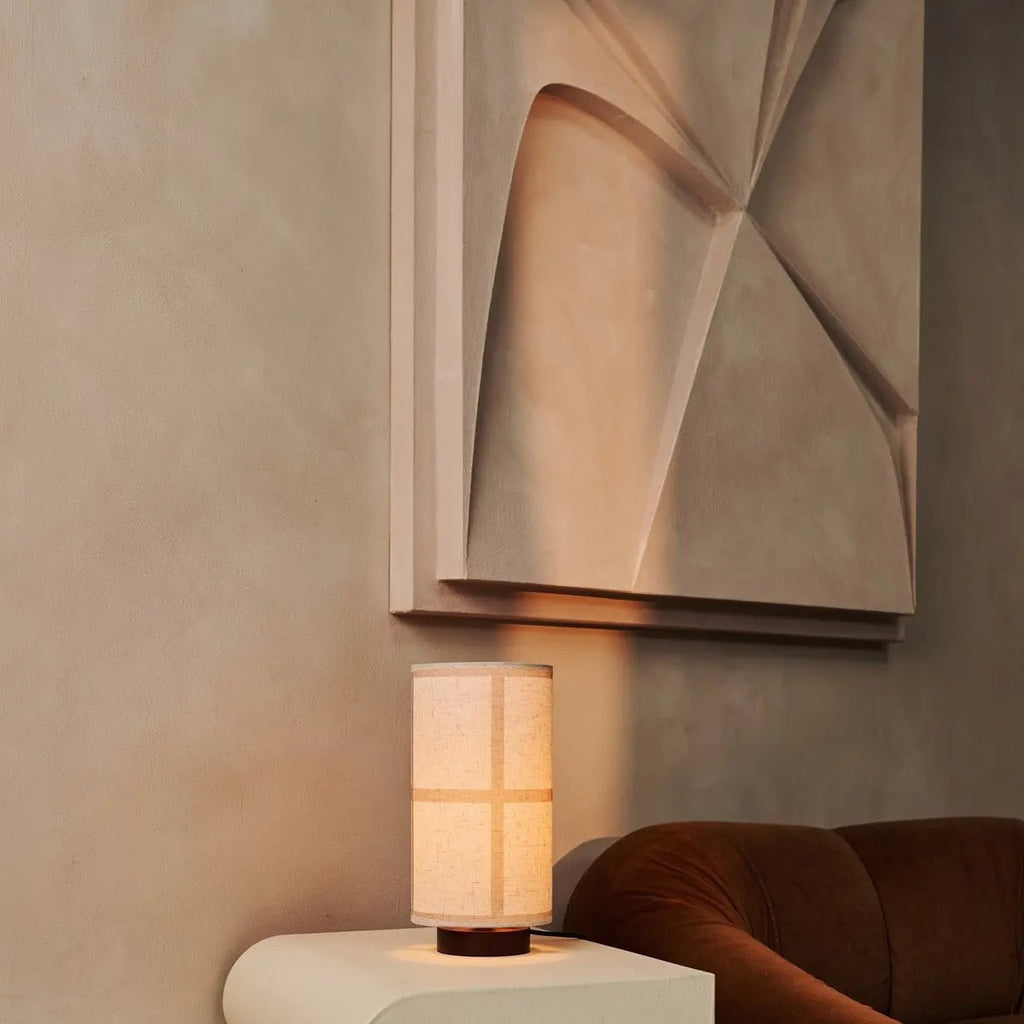 Sakura linen shade corded table lamp in dark brown rubberwood