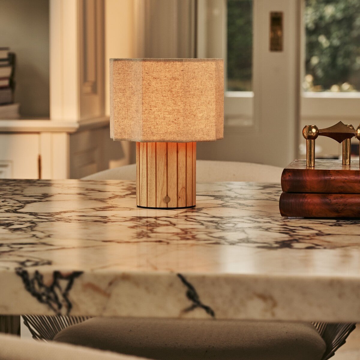 Channa Light Brown Wood & Linen Cordless Table Lamp