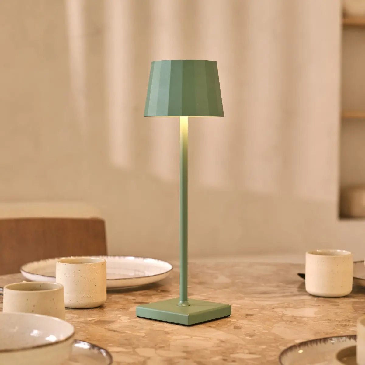 Wouter sage green cordless lamp side profile metal finish