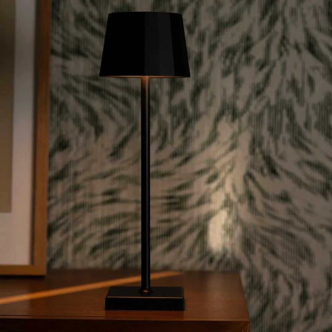 William metal lamp in living room console setting
