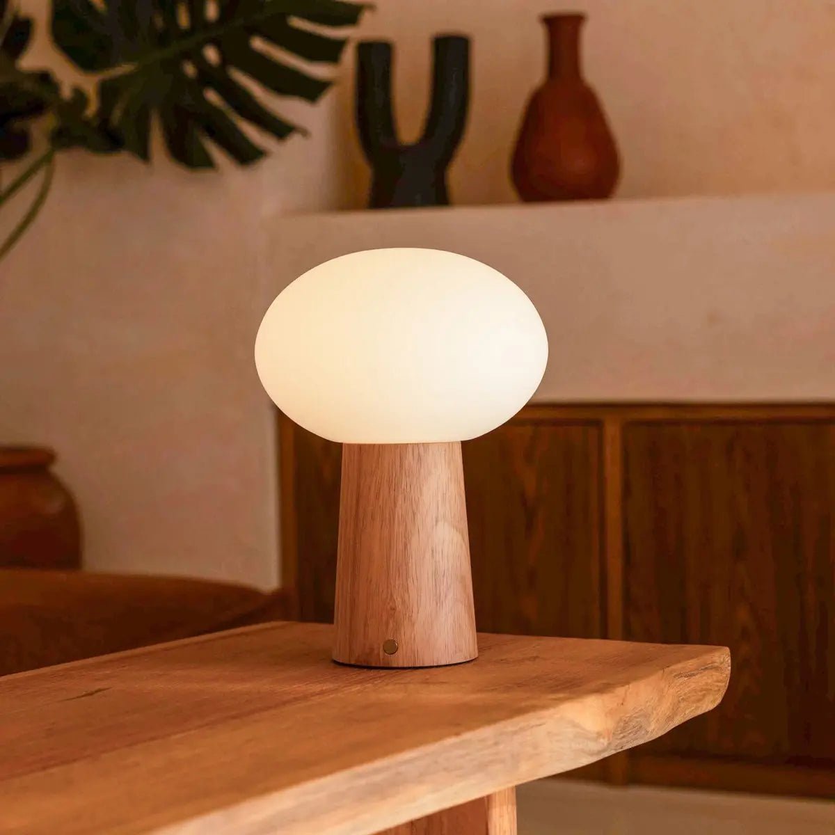 Max wood glass lamp on bedside table