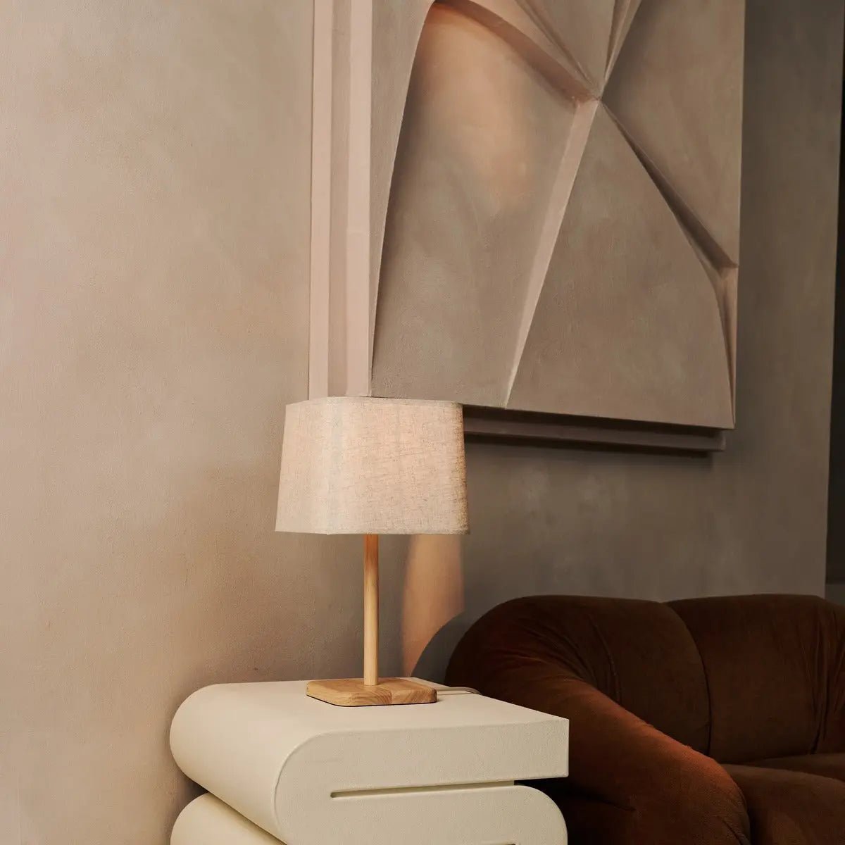Marley natural wood beige fabric shade corded table lamp