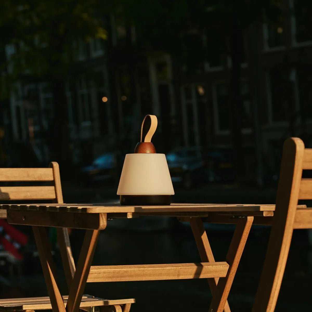 Amber rechargeable lamp polyethene shade warm ambient glow