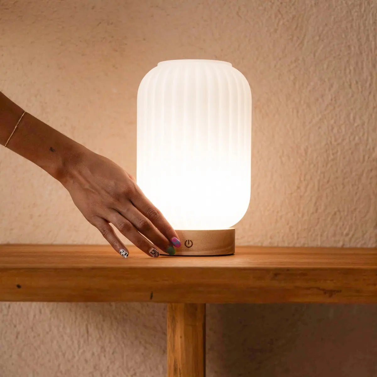 Lilly Light Brown Wood & Glass Cordless Table Lamp