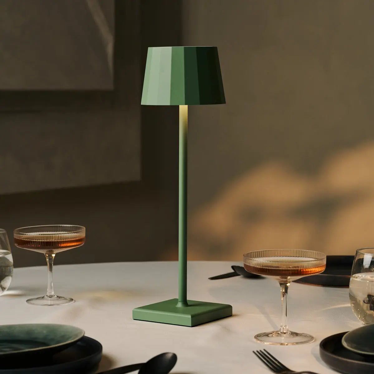 Wouter sage green cordless lamp side profile metal finish