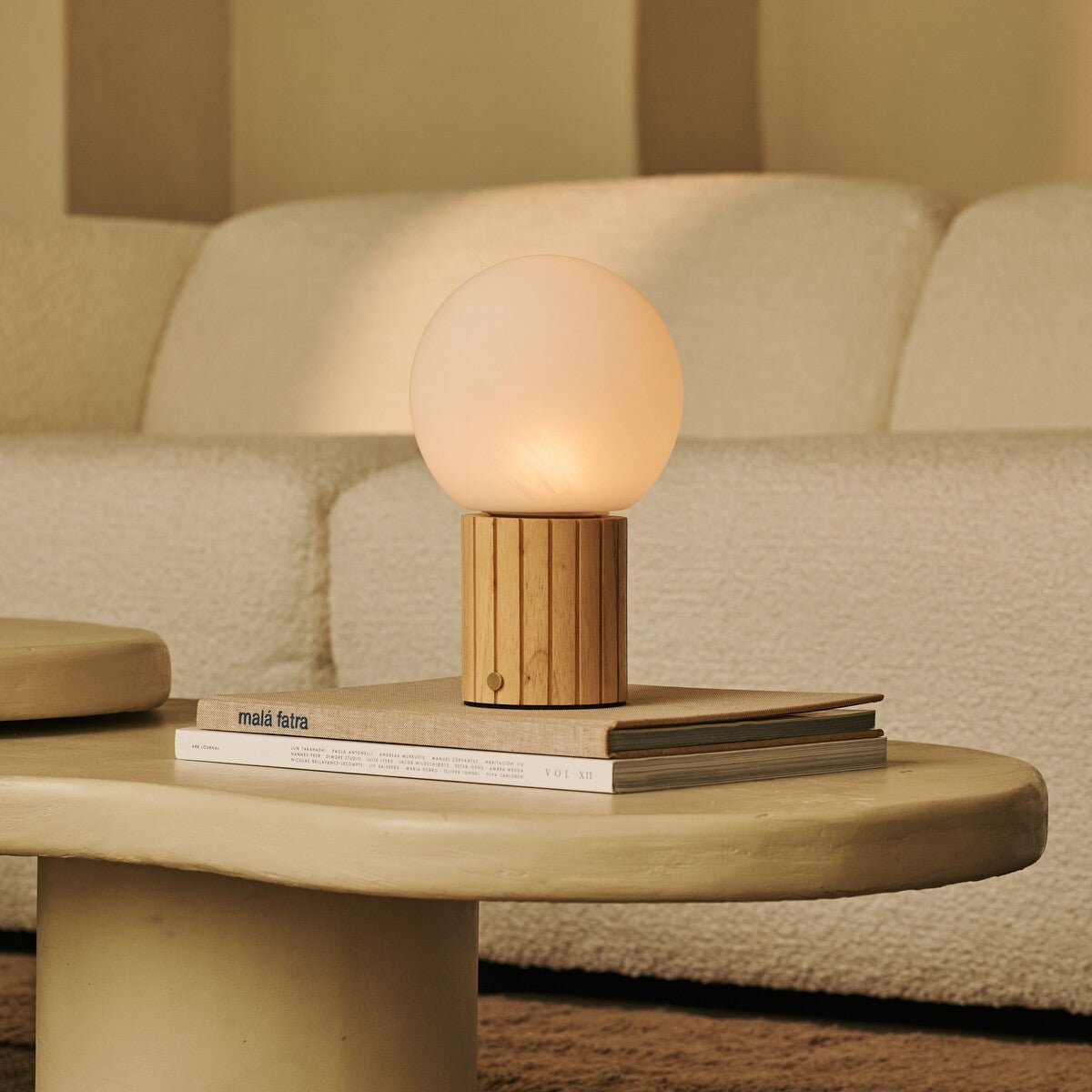 Nadine Light Brown Wood & Glass Cordless Table Lamp