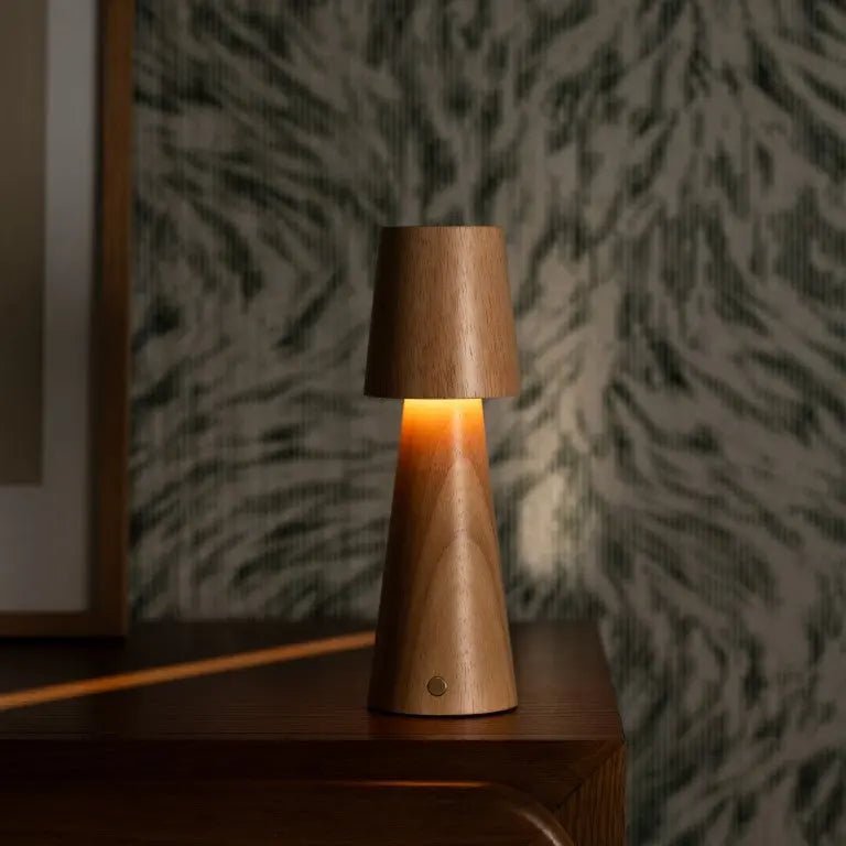 Lucas cordless lamp detail of rubberwood base