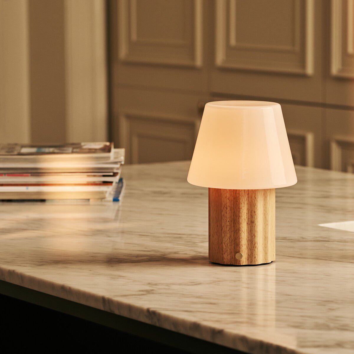 Javi Light Brown Wood & Glass Cordless Table Lamp