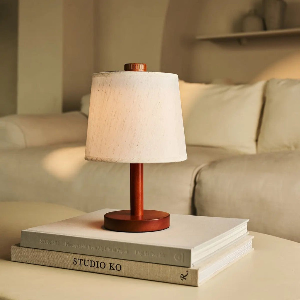 Rover Chestnut Brown Rubberwood Cordless Table Lamp with Linen Shade