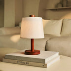 Rover Chestnut Brown Rubberwood Cordless Table Lamp with Linen Shade