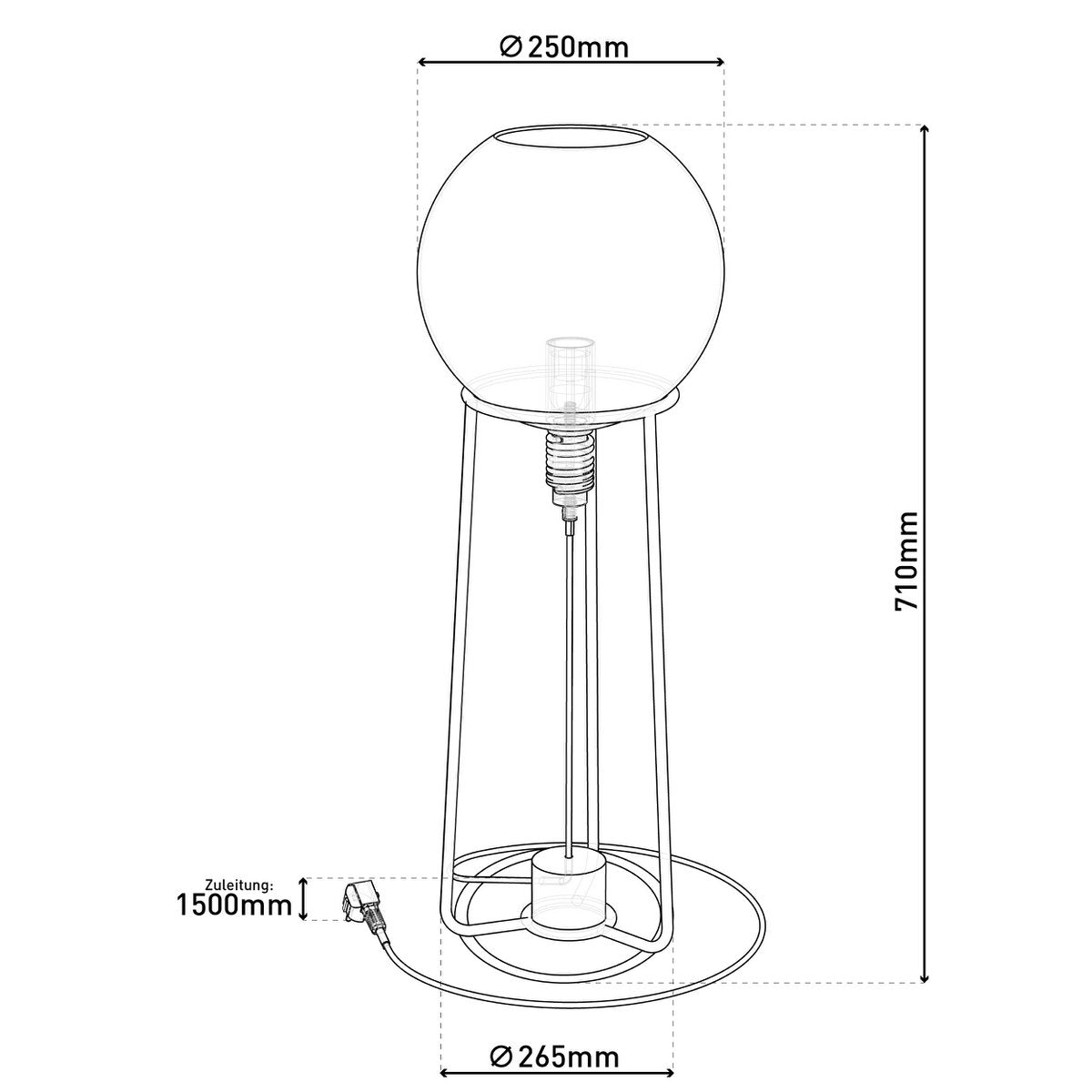 Technical drawing of a table lamp with dimensions labeled