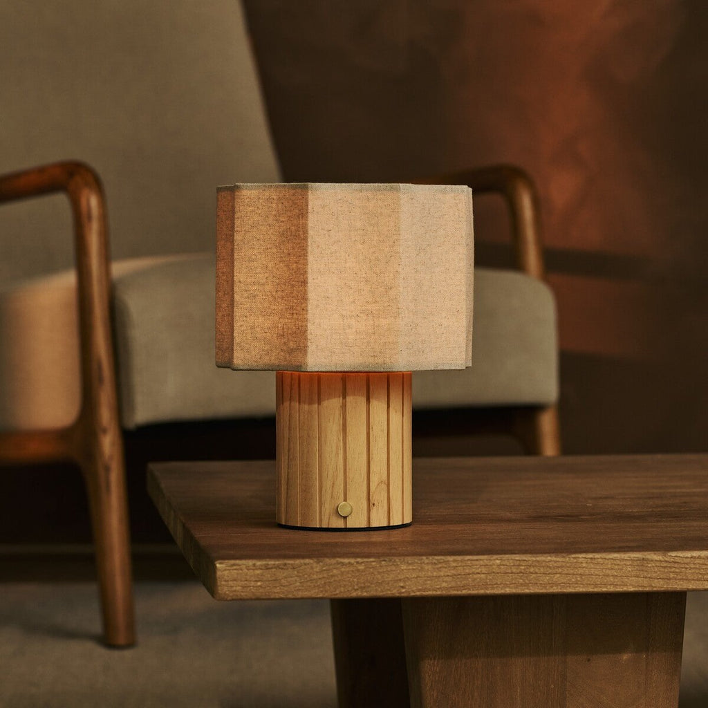 Channa Light Brown Wood & Linen Cordless Table Lamp