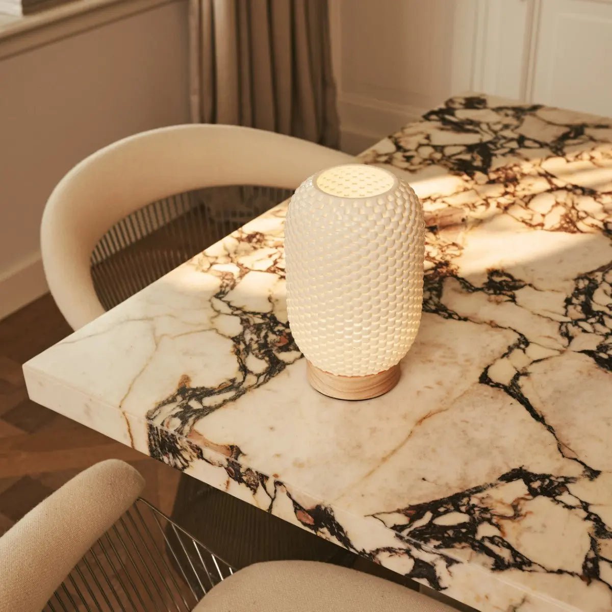 Aurora wood lamp warm glow through porcelain in room setting