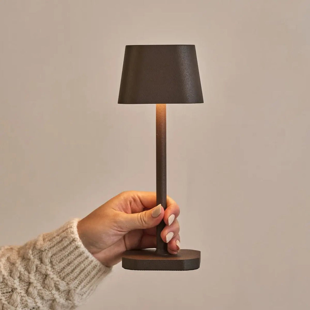 Ava cordless lamp detail of mocha brown metal finish