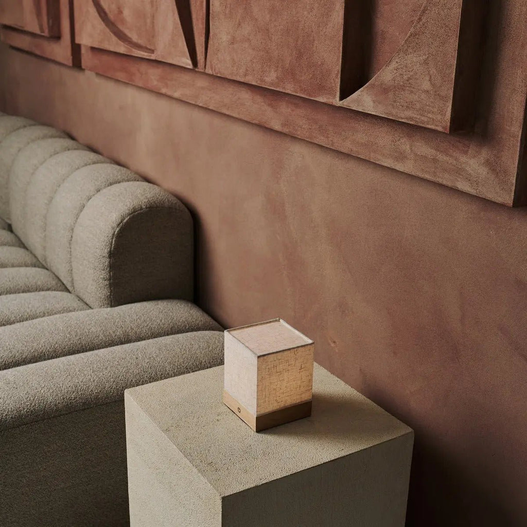 Zano linen lamp on bedside table ambient setting