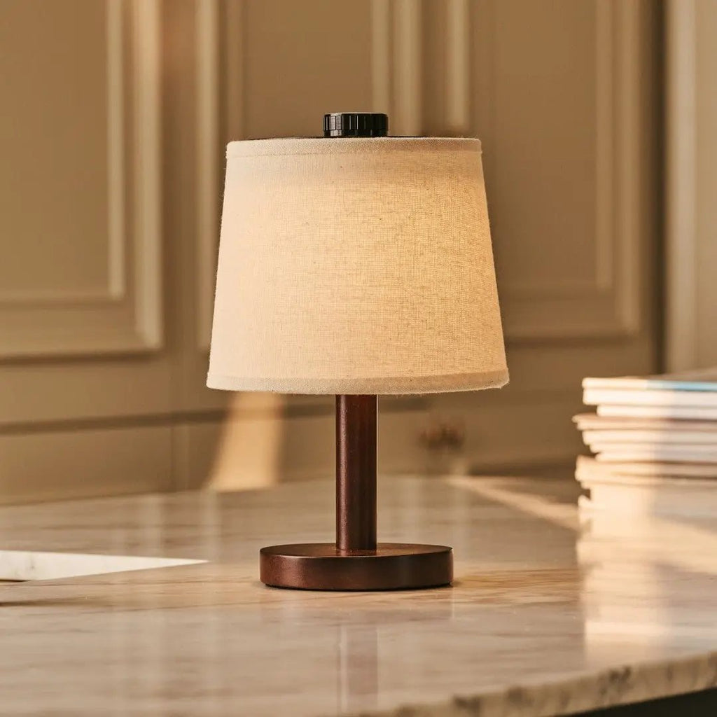 Rover dark wood linen rechargeable cordless table lamp