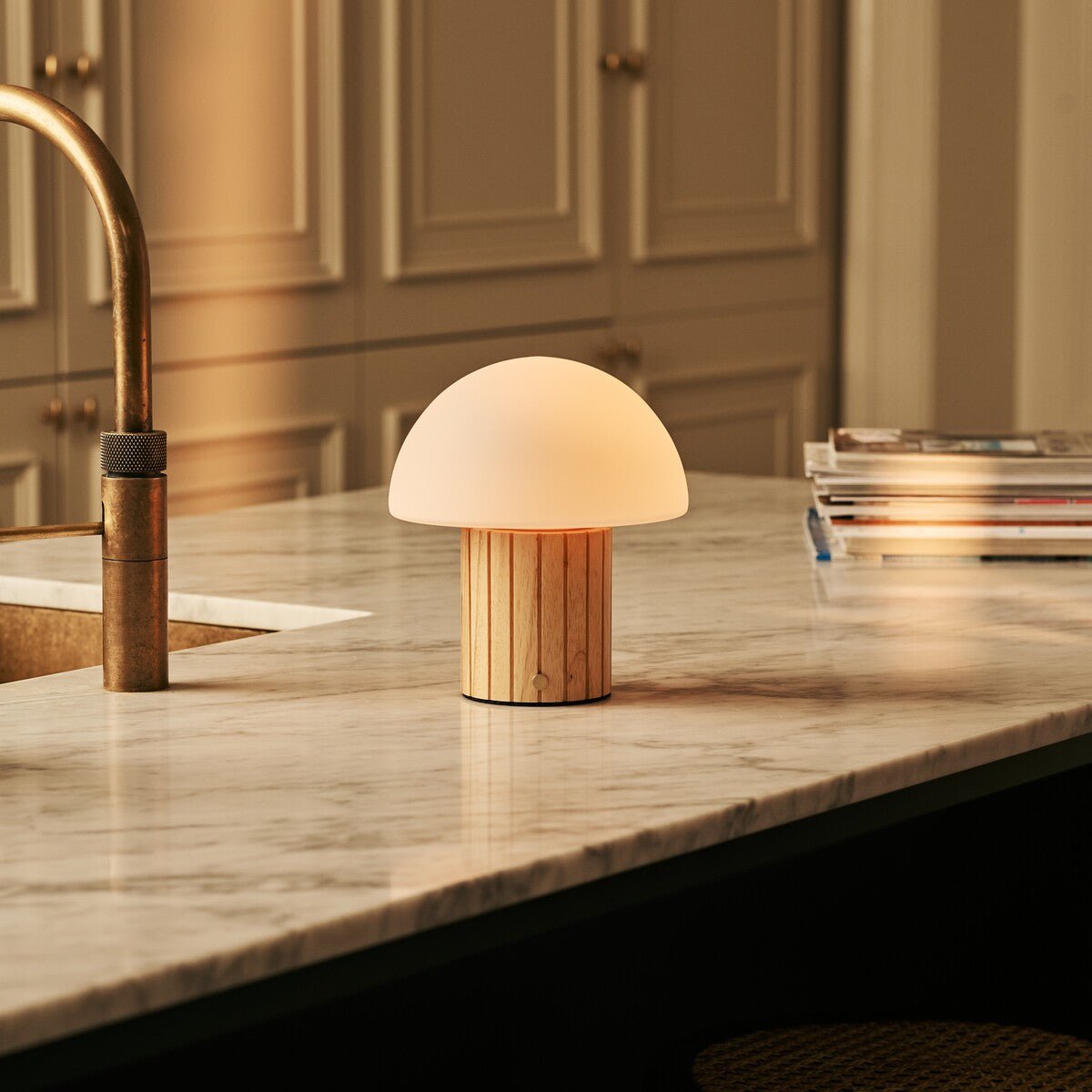Siebe Light Brown Wood & Glass Cordless Table Lamp