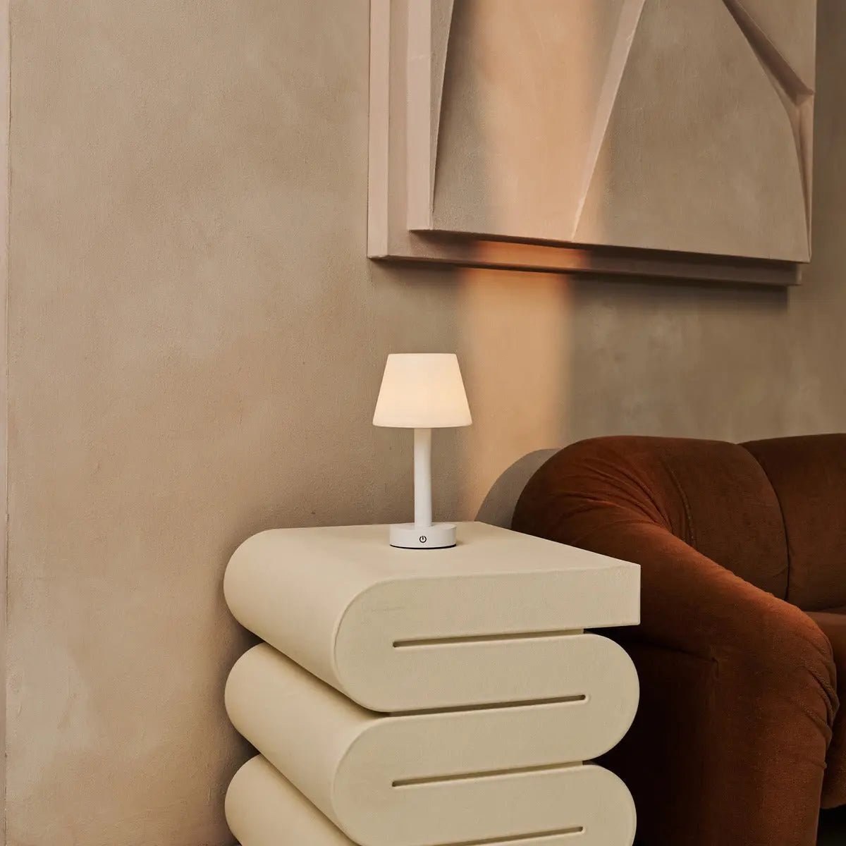 Zoe rechargeable lamp polyethylene shade warm ambient glow