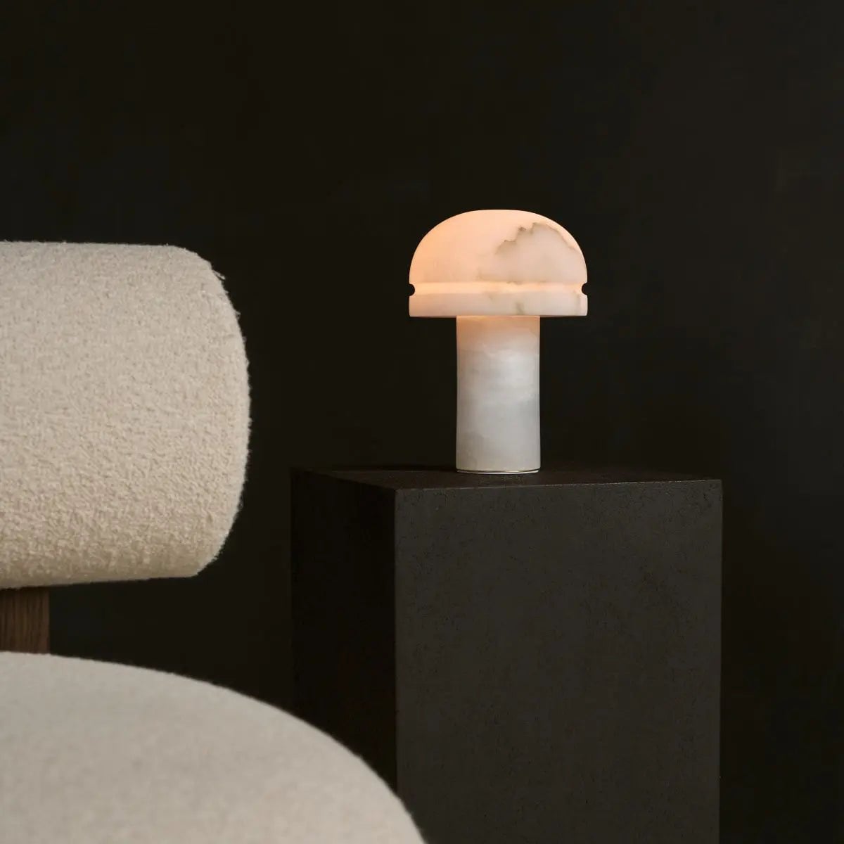 Sereno table lamp close-up of alabaster veining and translucency