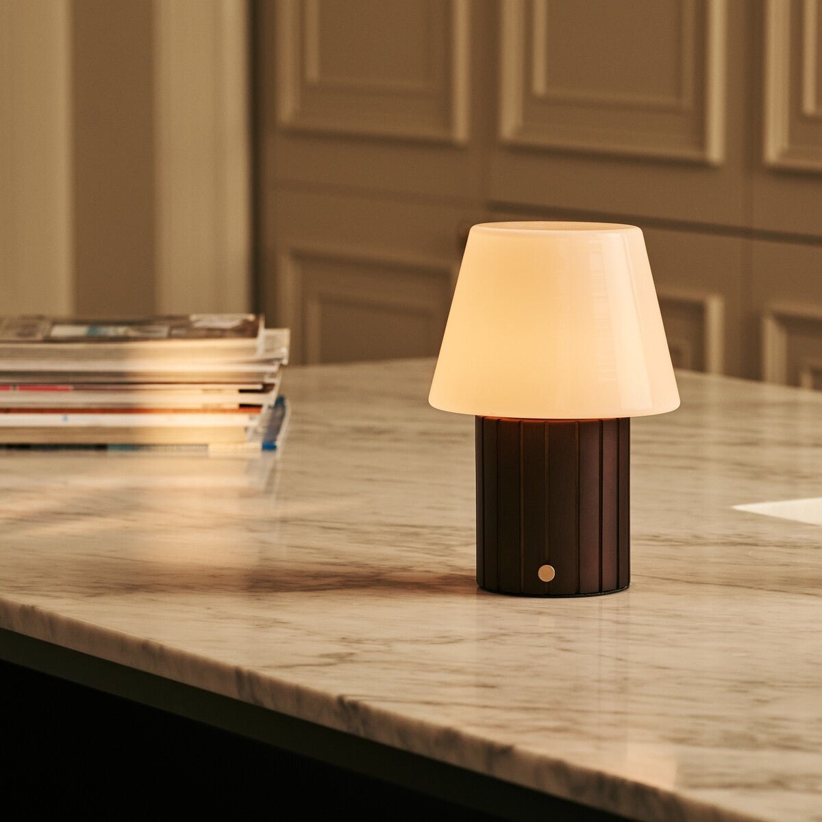 Lex Dark Brown Wood & Glass Cordless Table Lamp
