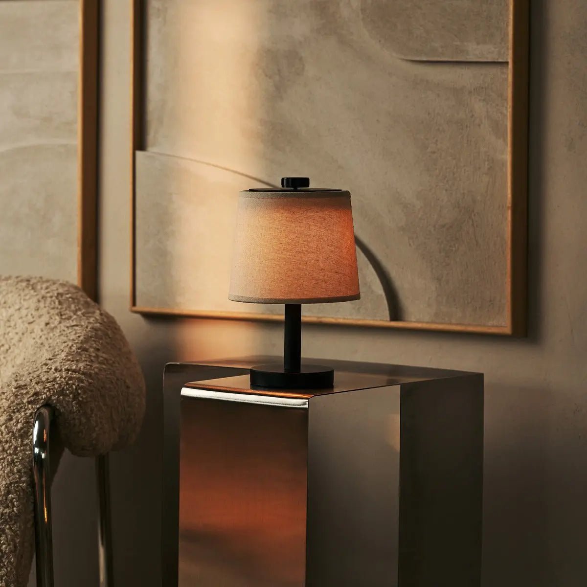 Rover black wood linen rechargeable cordless table lamp
