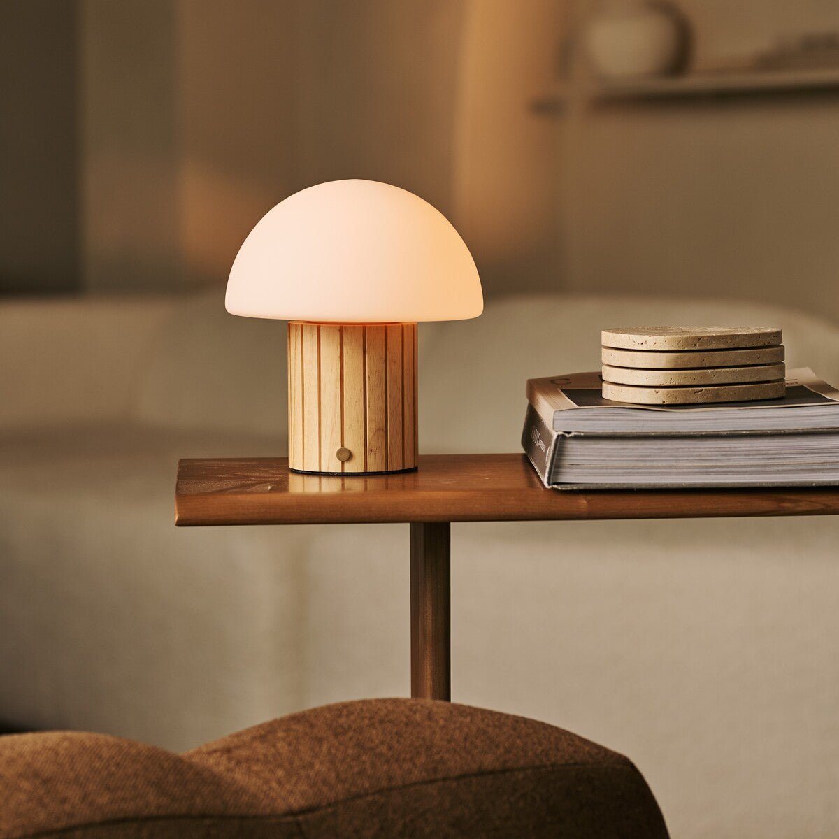 Siebe Light Brown Wood & Glass Cordless Table Lamp