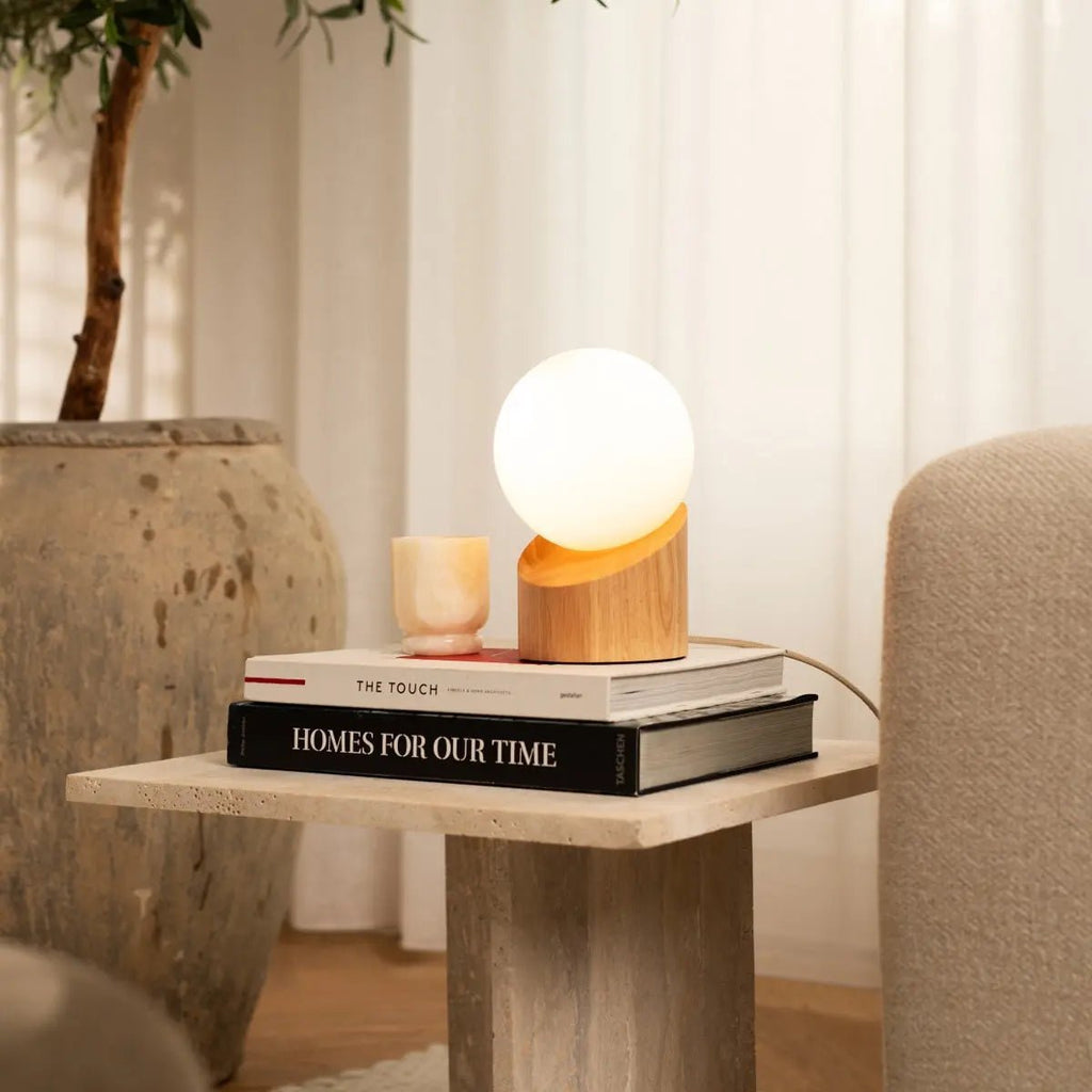 Quin light brown wood matte glass corded table lamp