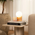Quin light brown wood matte glass corded table lamp