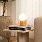 Quin light brown wood matte glass corded table lamp