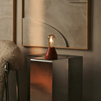 Zavi cordless lamp detail of glass and rubberwood