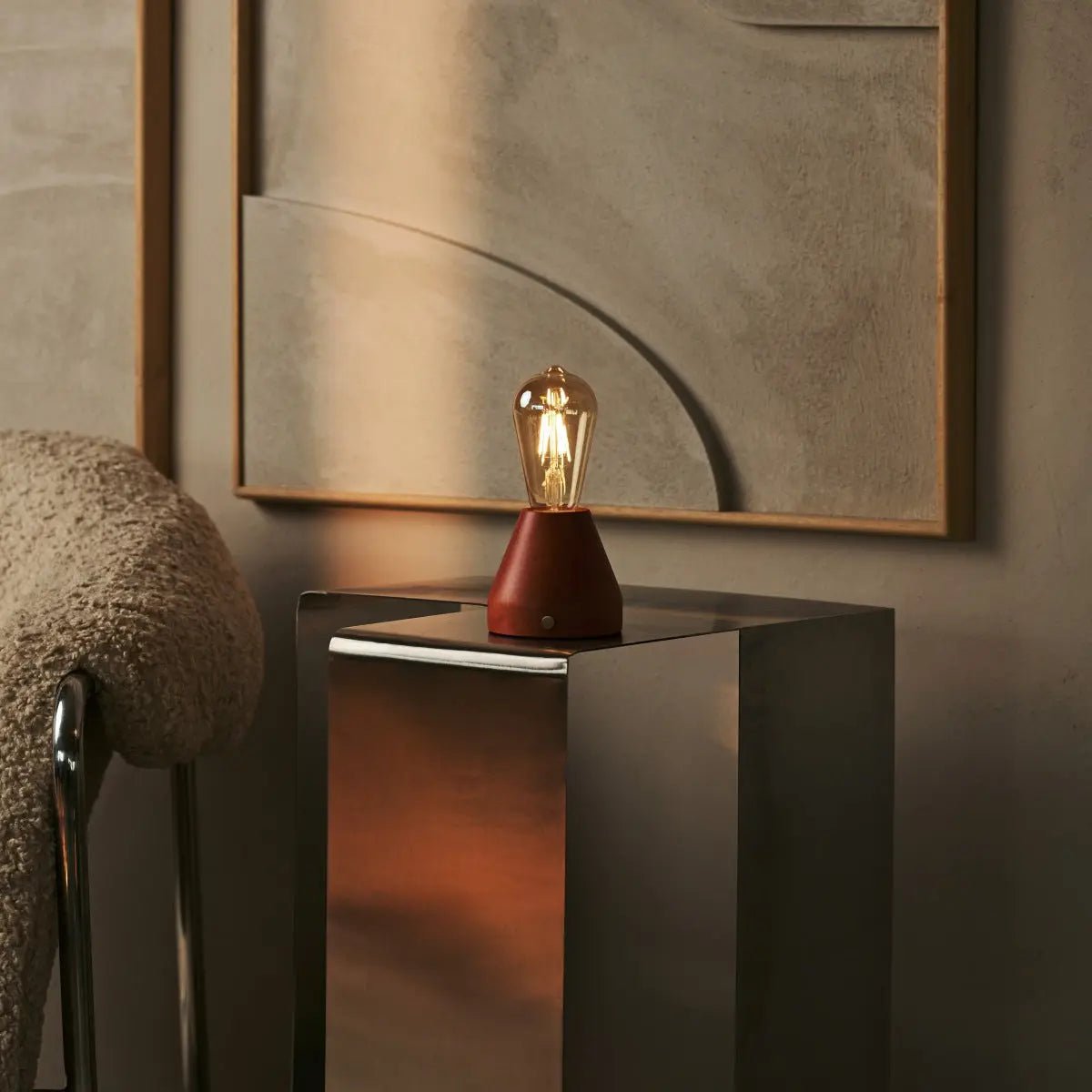 Zavi cordless lamp detail of glass and rubberwood