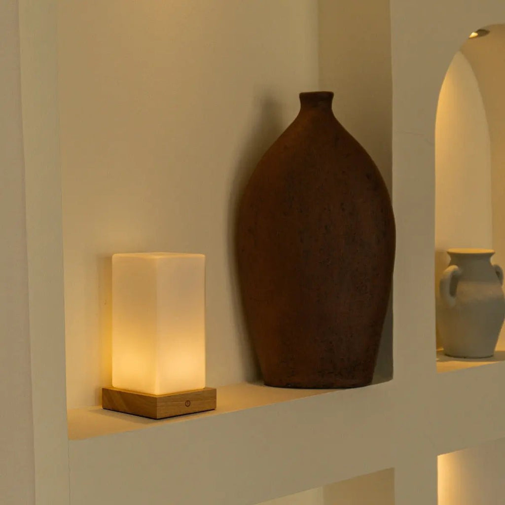 Zayn wood glass lamp on outdoor terrace