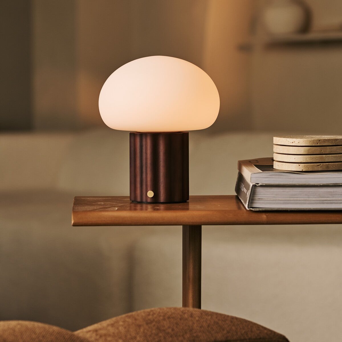Jord Dark Brown Wood & Glass Cordless Table Lamp