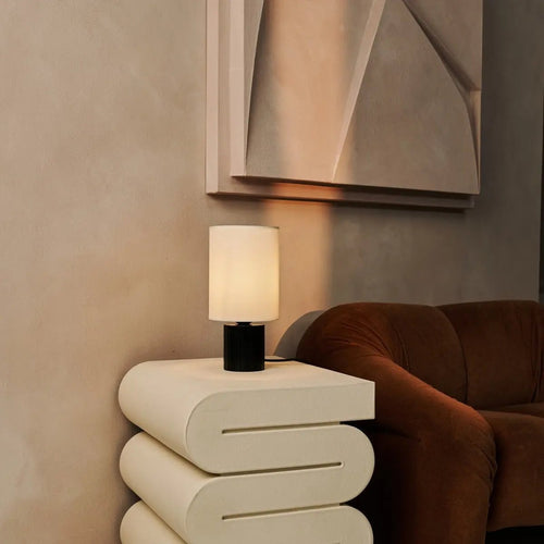 Kiko ribbed rubberwood corded table lamp beige fabric shade