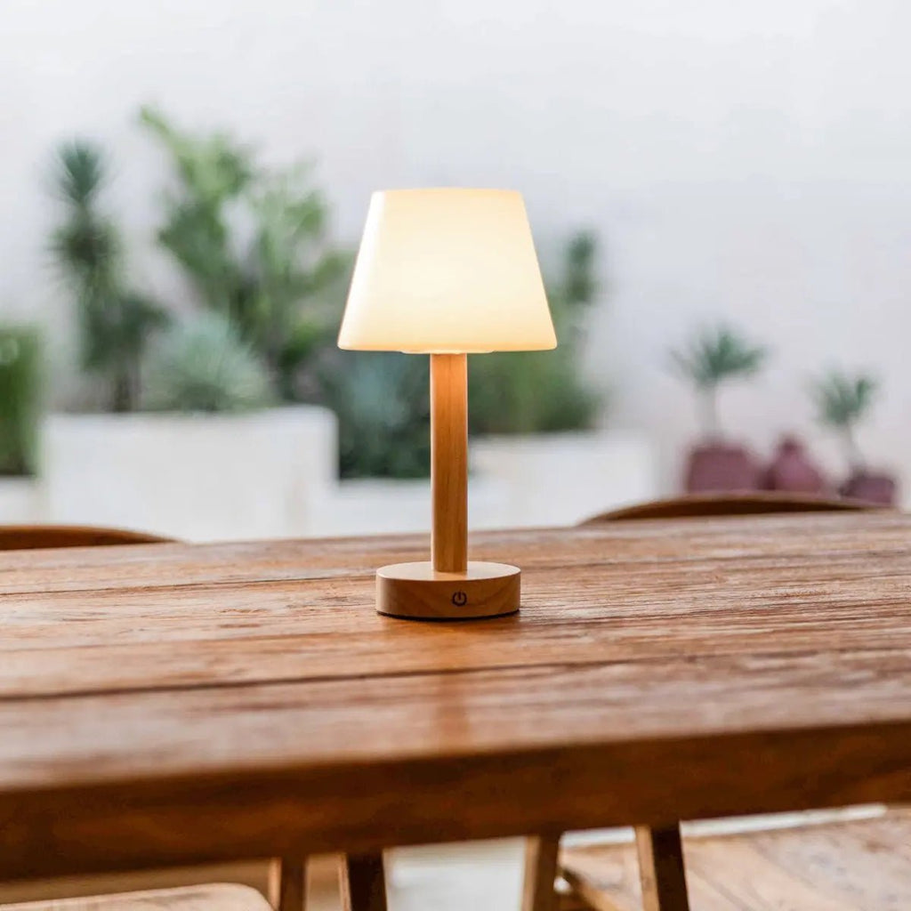 Zoe cordless lamp side view showing rubberwood base and diffuser