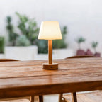 Zoe cordless lamp side view showing rubberwood base and diffuser