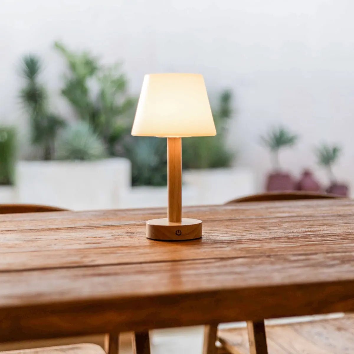 Zoe cordless lamp side view showing rubberwood base and diffuser