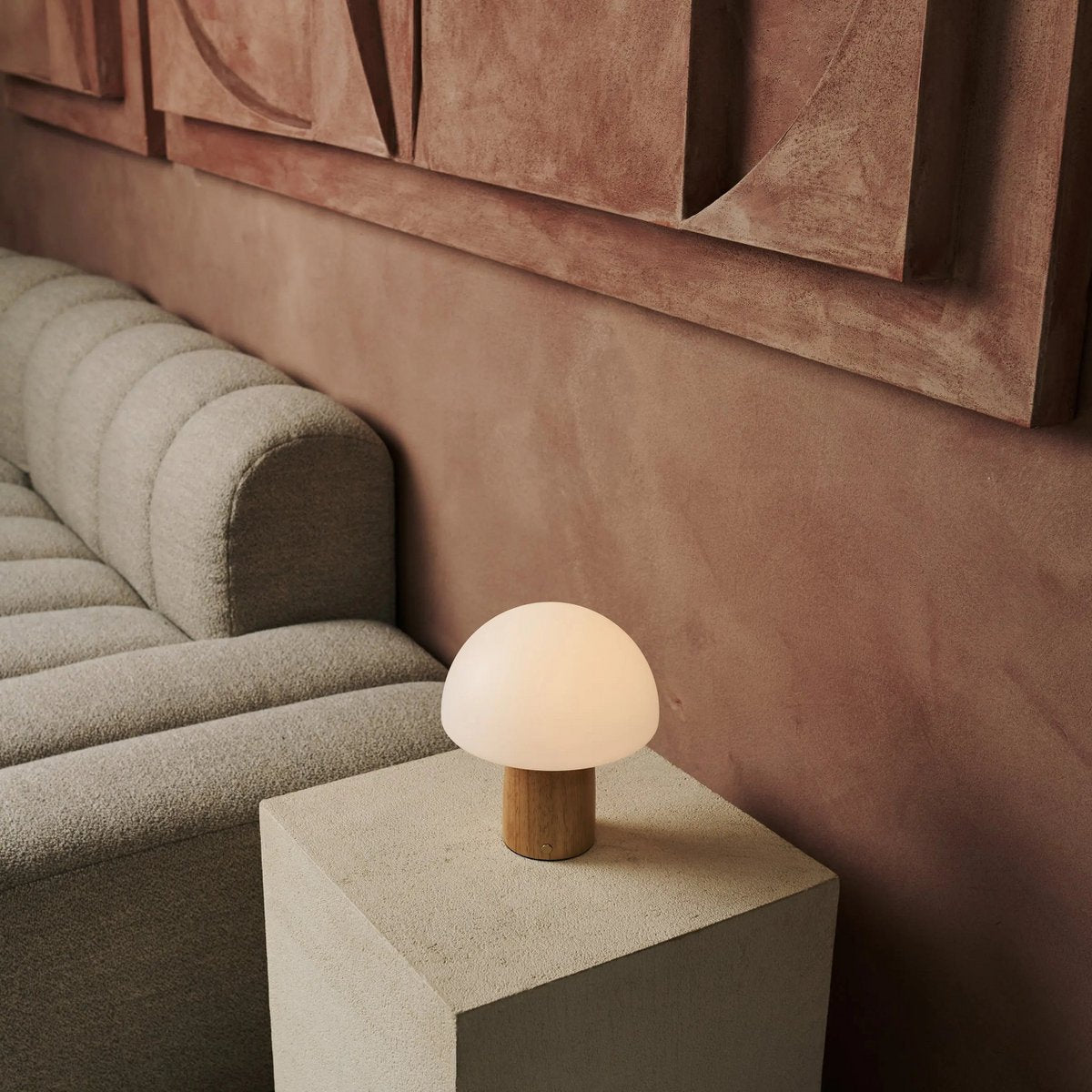 Mia cordless lamp detail of linen shade texture